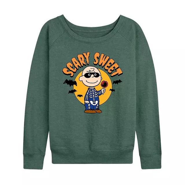 Womens Peanuts Charlie Brown Scary Sweet Halloween Pullover Grey Green Product Image