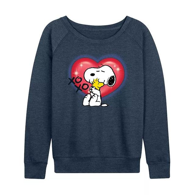 Womens Peanuts Snoopy & Woodstock Airbrush Heart Lightweight French Terry Sweatshirt, Girls Grey Indigo Blue Product Image