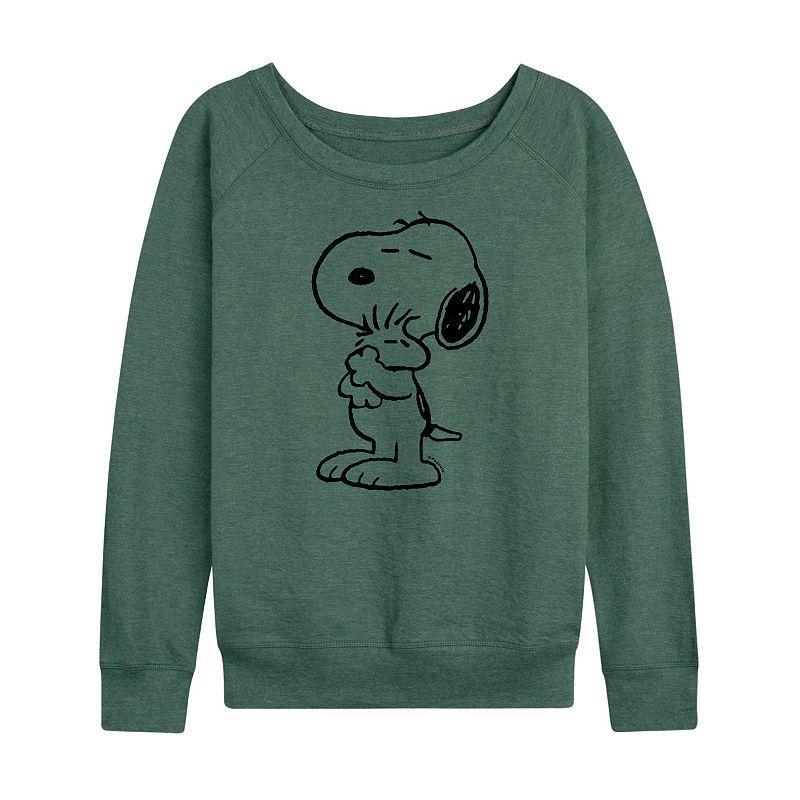 Womens Peanuts Snoopy Loves Woodstock Lightweight French Terry Sweatshirt, Girls Grey Green Product Image