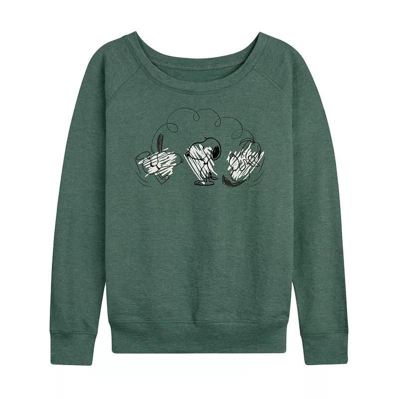 Womens Peanuts Snoopy Group Lightweight French Terry Sweatshirt, Girls Grey Juniper Green Product Image