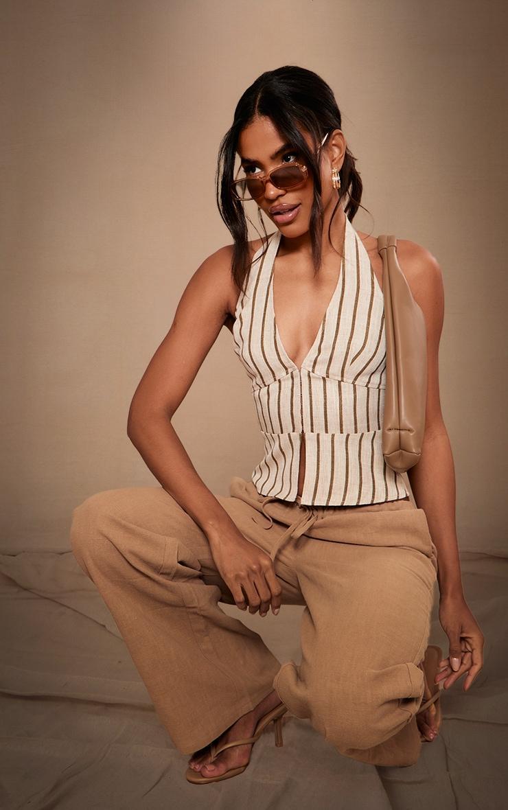 Beige Stripe Structured Linen Look Halter Top product image