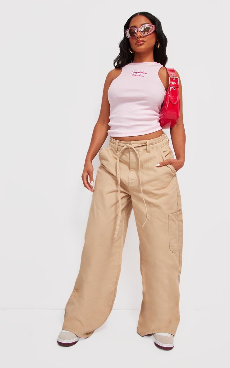 Taupe Tie Waistband Detail Wide Leg Jeans Product Image