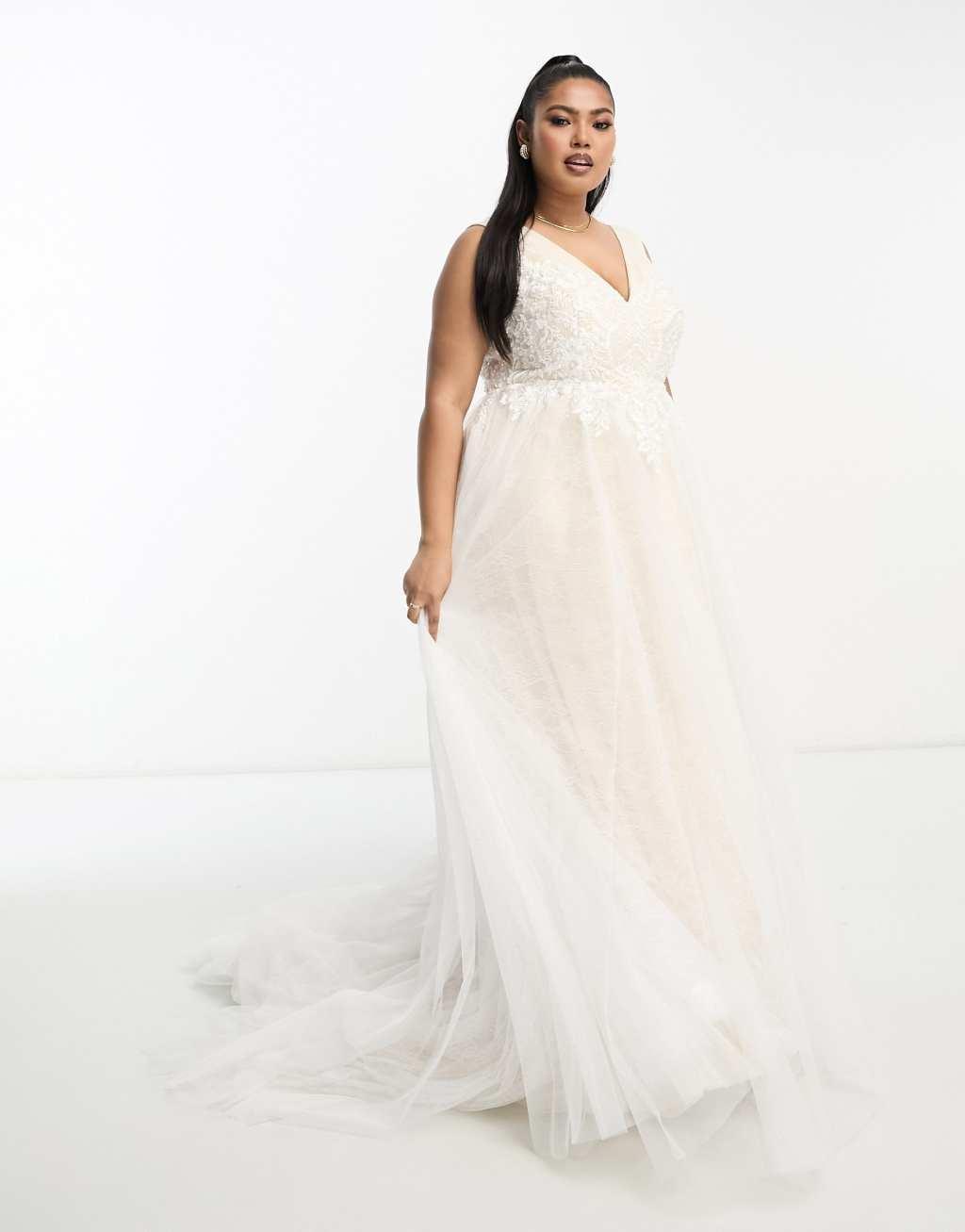 ASOS DESIGN Curve Sienna bead and embroidered plunge bodice wedding dress with lace underlay in ivory Product Image