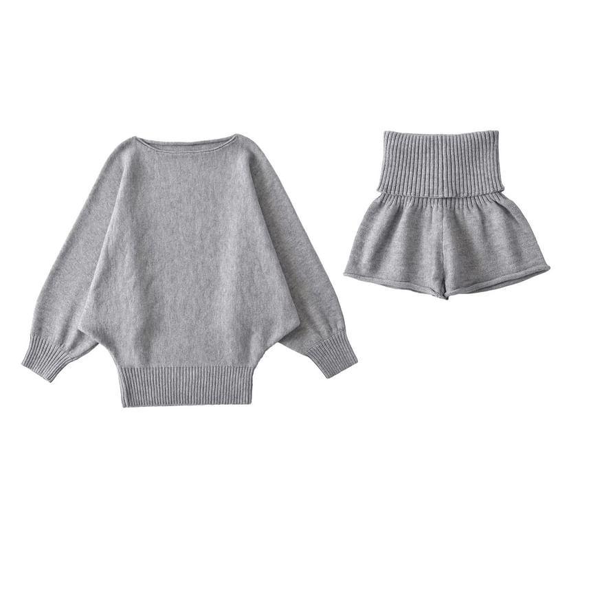 Set: Cold-Shoulder Puff-Sleeve Plain Sweater + High Waist Shorts Product Image