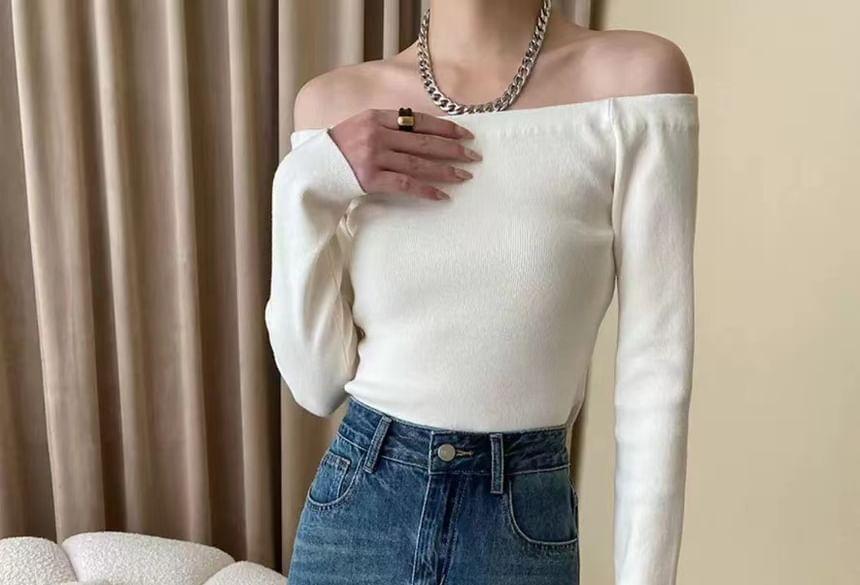 Off-Shoulder Plain Sweater Product Image