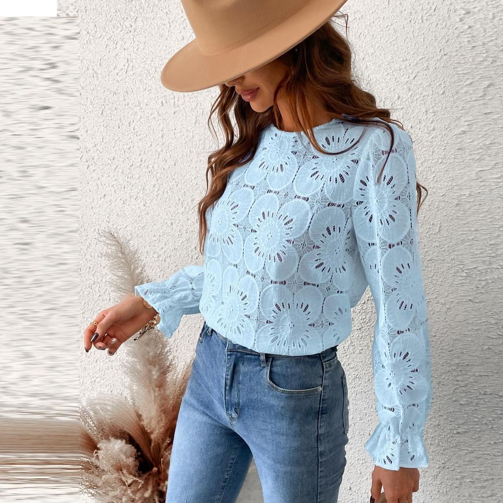 Women's Long Sleeve Embroidered Floral Eyelet Blouse Shirt- Cupshe-XL-Blue Product Image