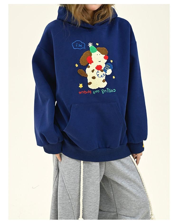 Drop Shoulder Dog Embroidered Oversized Hoodie Product Image