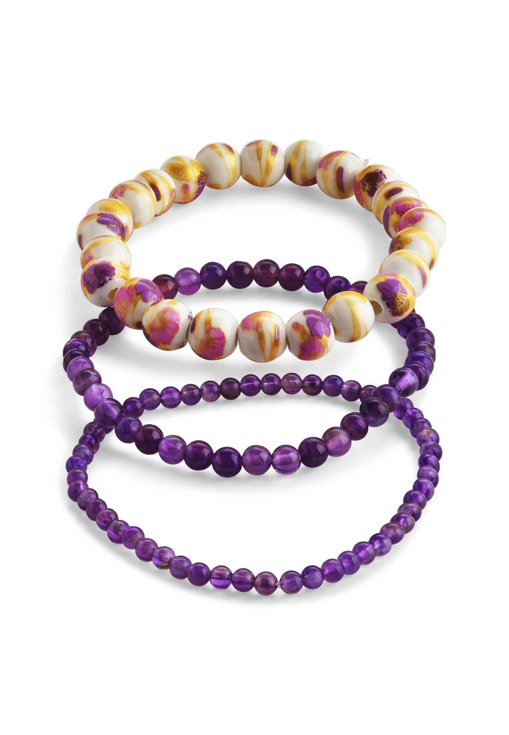 Amethyst And Ceramic White Floral Beaded Stretch Bracelet Set Product Image