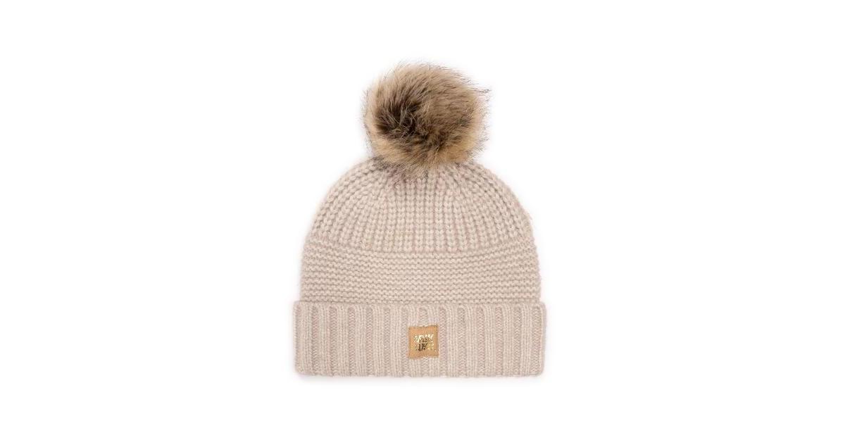 Muk Luks Womens Cuffed Cap with Natural Faux Fur Pom Product Image