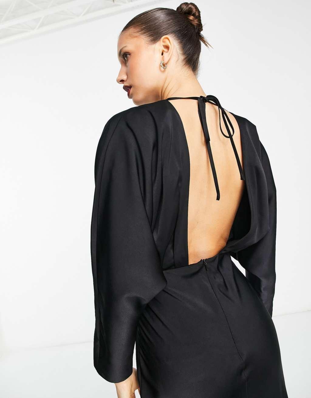 ASOS DESIGN satin pleated plunge maxi dress with open back in black Product Image