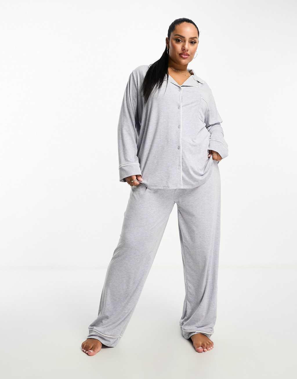 ASOS DESIGN Curve soft jersey long sleeve shirt & pants pajama set with contrast piping in gray heather Product Image