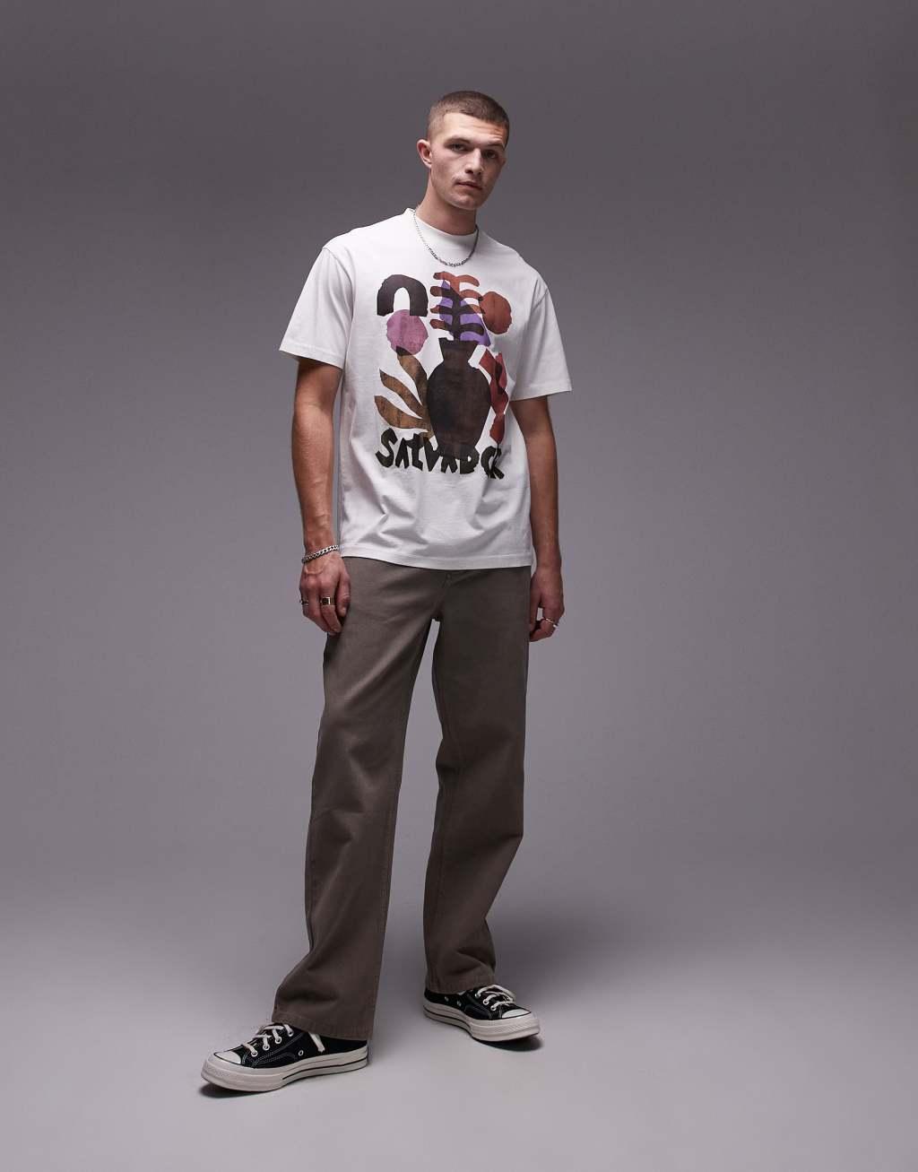 Topman oversized fit T-shirt with Salvador print in washed stone Product Image