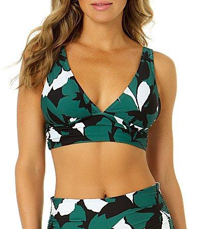 Anne Cole Desert Bloom Overscale Leaf Print V-Neck Soft Band Shirred Swim Top Product Image