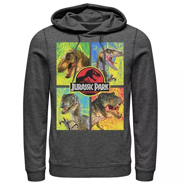 Mens Jurassic Park Four Different Dinosaur Faces Graphic Hoodie Grey Heather Product Image