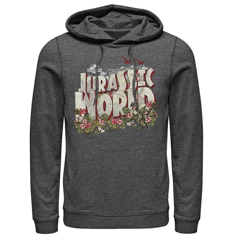 Mens Jurassic World Tropical Raptor Postcard Hoodie Grey Heather Product Image