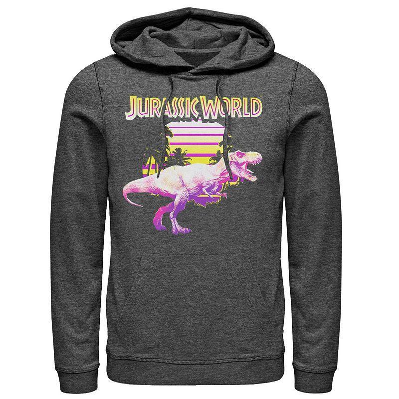 Mens Jurassic World Neon Purple & Yellow T-Rex Pullover Hoodie Grey Product Image