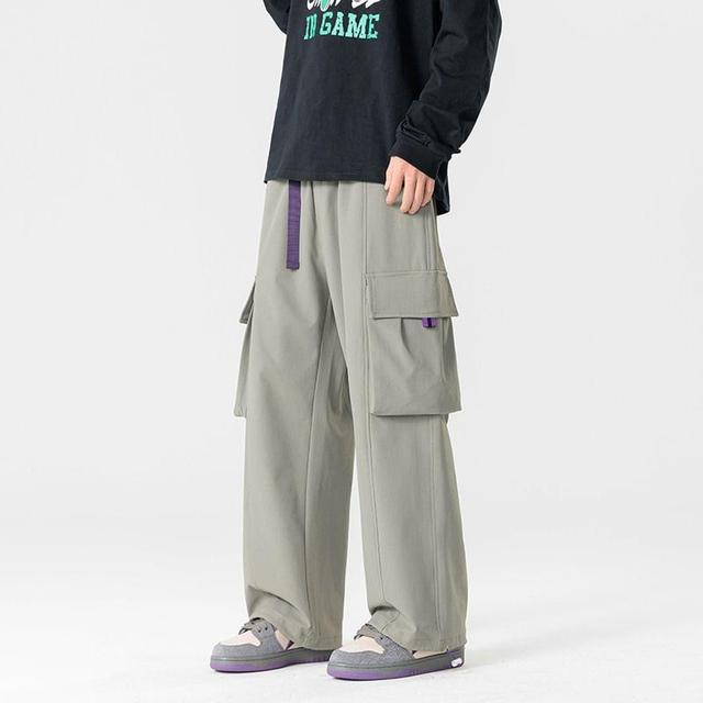 Elastic Waist Buckled Wide Leg Cargo Pants Product Image