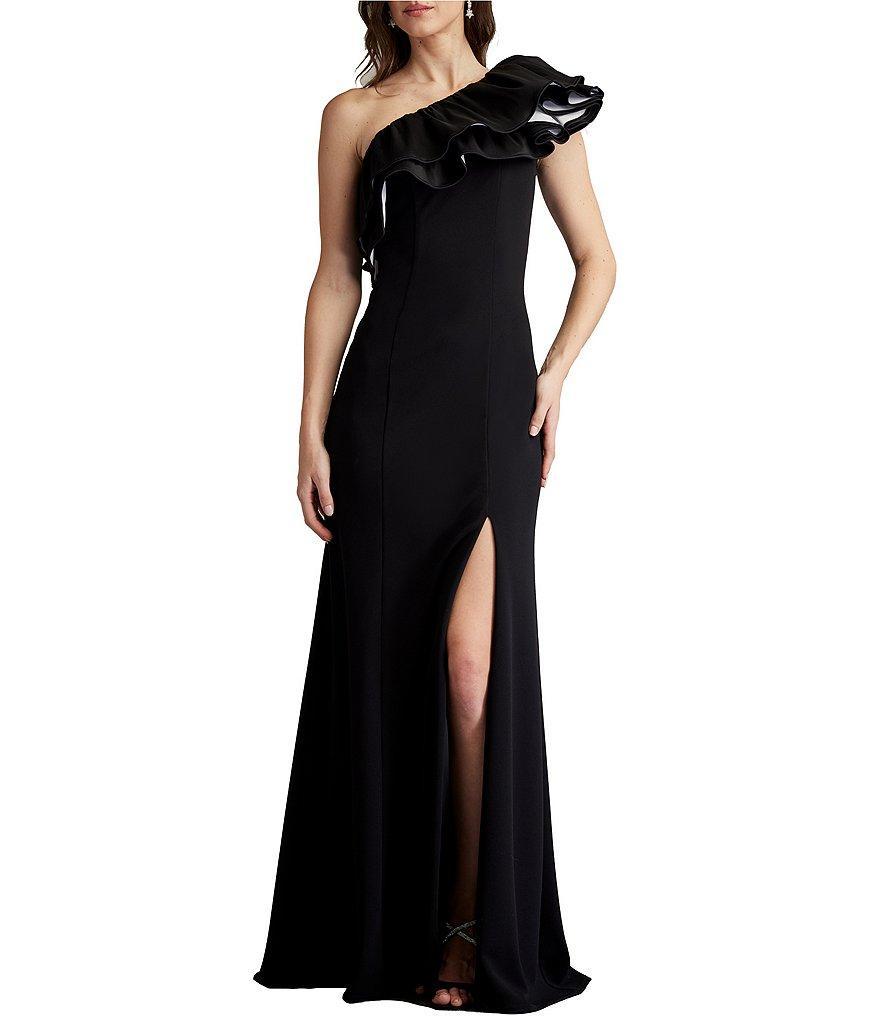 Tadashi Shoji Crepe One Shoulder Neck Flutter Sleeve Taffeta Ruffle Side Slit Gown Product Image