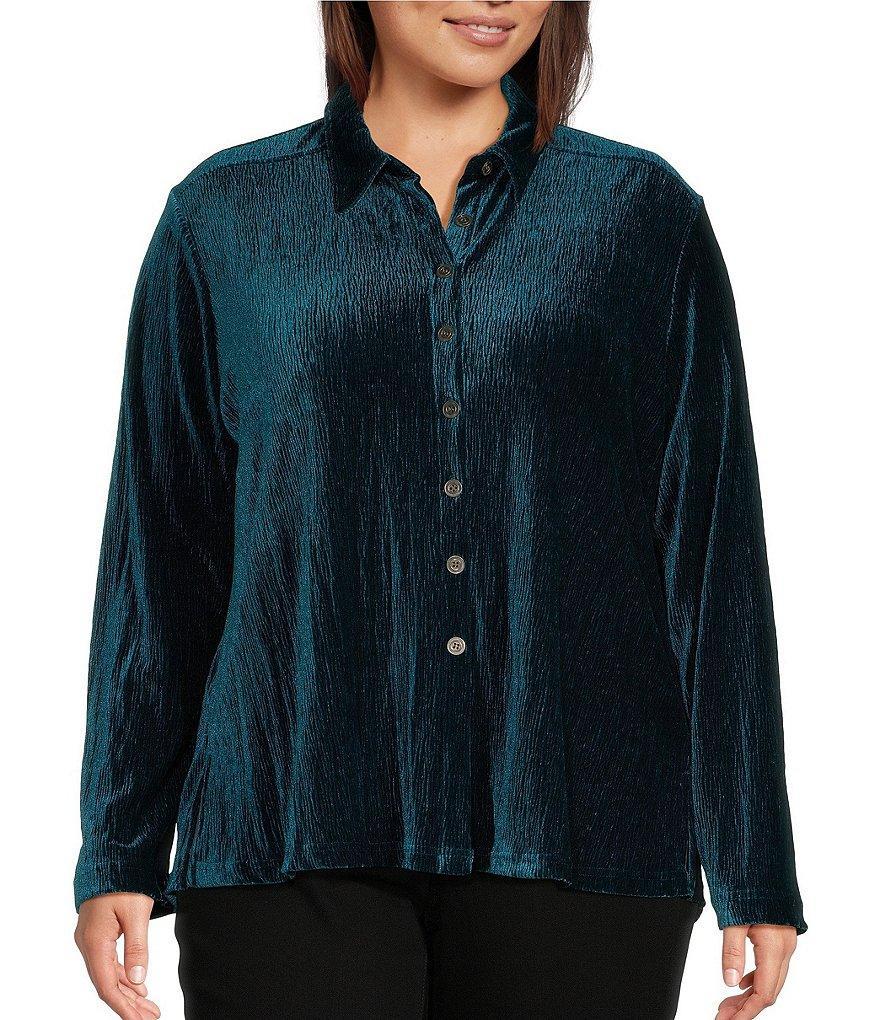 Ali Miles Plus Size Knit Pleated Velour Point Collar Long Sleeve Button Front Shirt Product Image