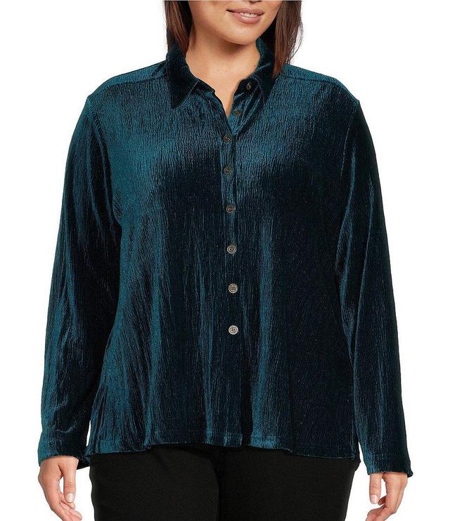 Ali Miles Plus Size Knit Pleated Velour Point Collar Long Sleeve Button Front Shirt Product Image