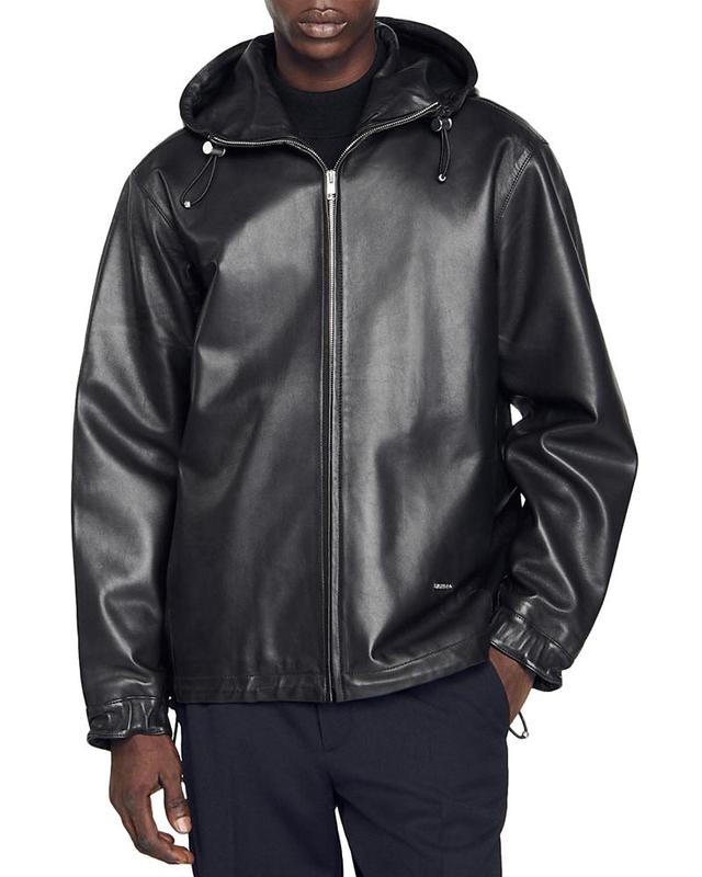 Sandro Hooded Zip Front Leather Jacket Product Image