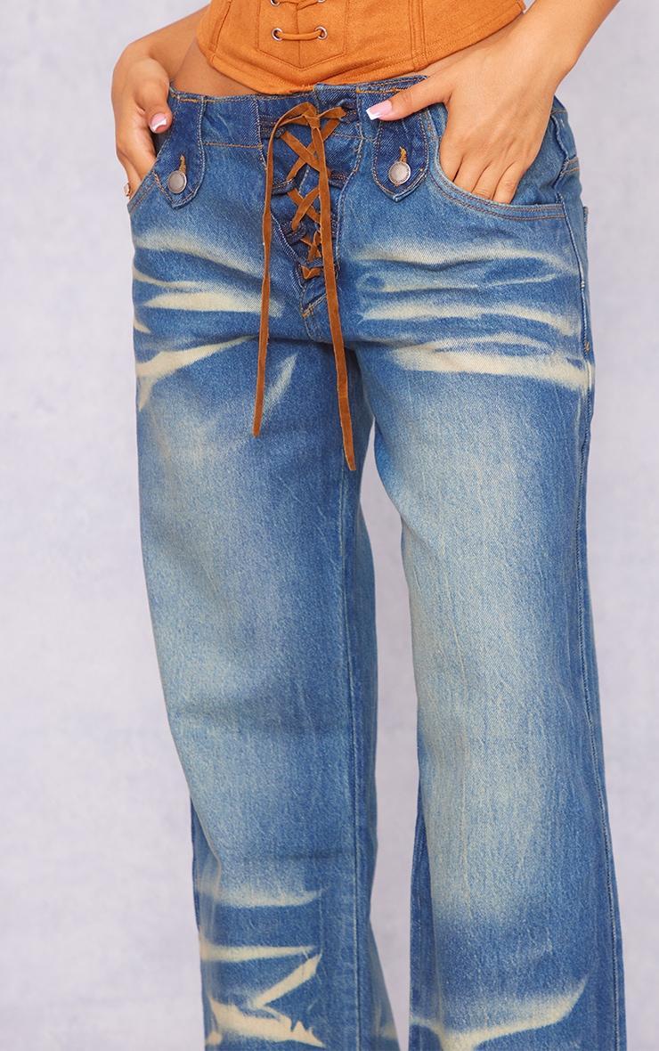 Petite Mid Blue Wash Low Rise Lace Up Wide Leg Jeans Product Image