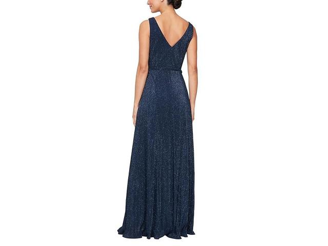 Alex Evenings Long Glitter Mesh Dress with Surplice Neckline and Tie Belt Women's Dress Product Image