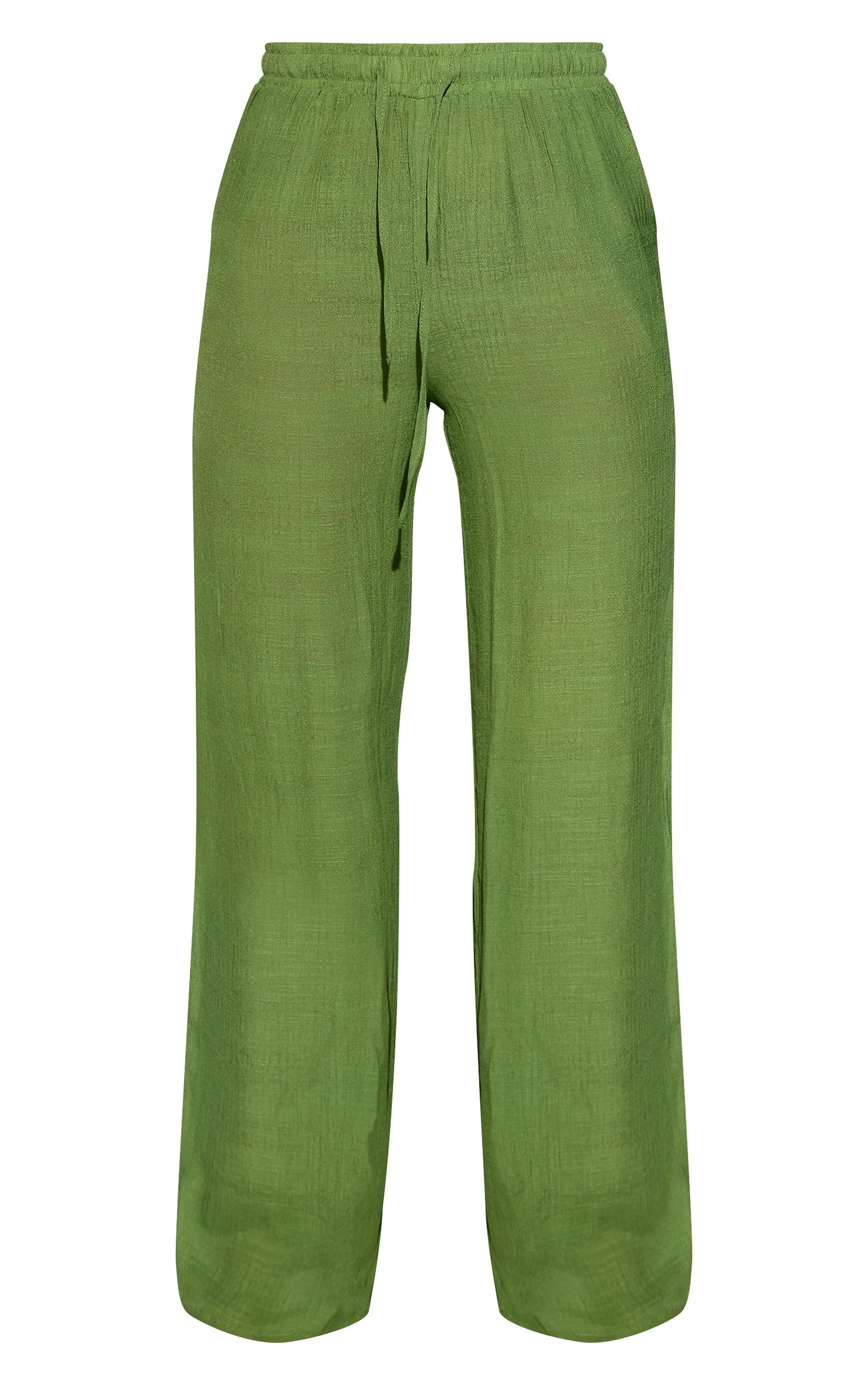 Dark Green Textured Linen Look Drawstring Waist Pants Product Image