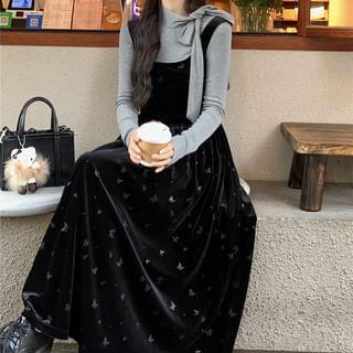 Long-Sleeve Plain Bow Tee / Butterfly Print Maxi Jumper Dress Product Image