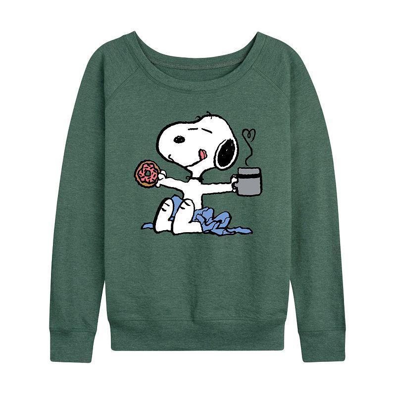 Womens Peanuts Donut Coffee Snoopy Lightweight French Terry Sweatshirt, Girls Grey Green Product Image