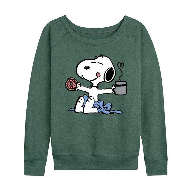 Womens Peanuts Donut Coffee Snoopy Slouchy Graphic Sweatshirt, Girls Grey Green Product Image