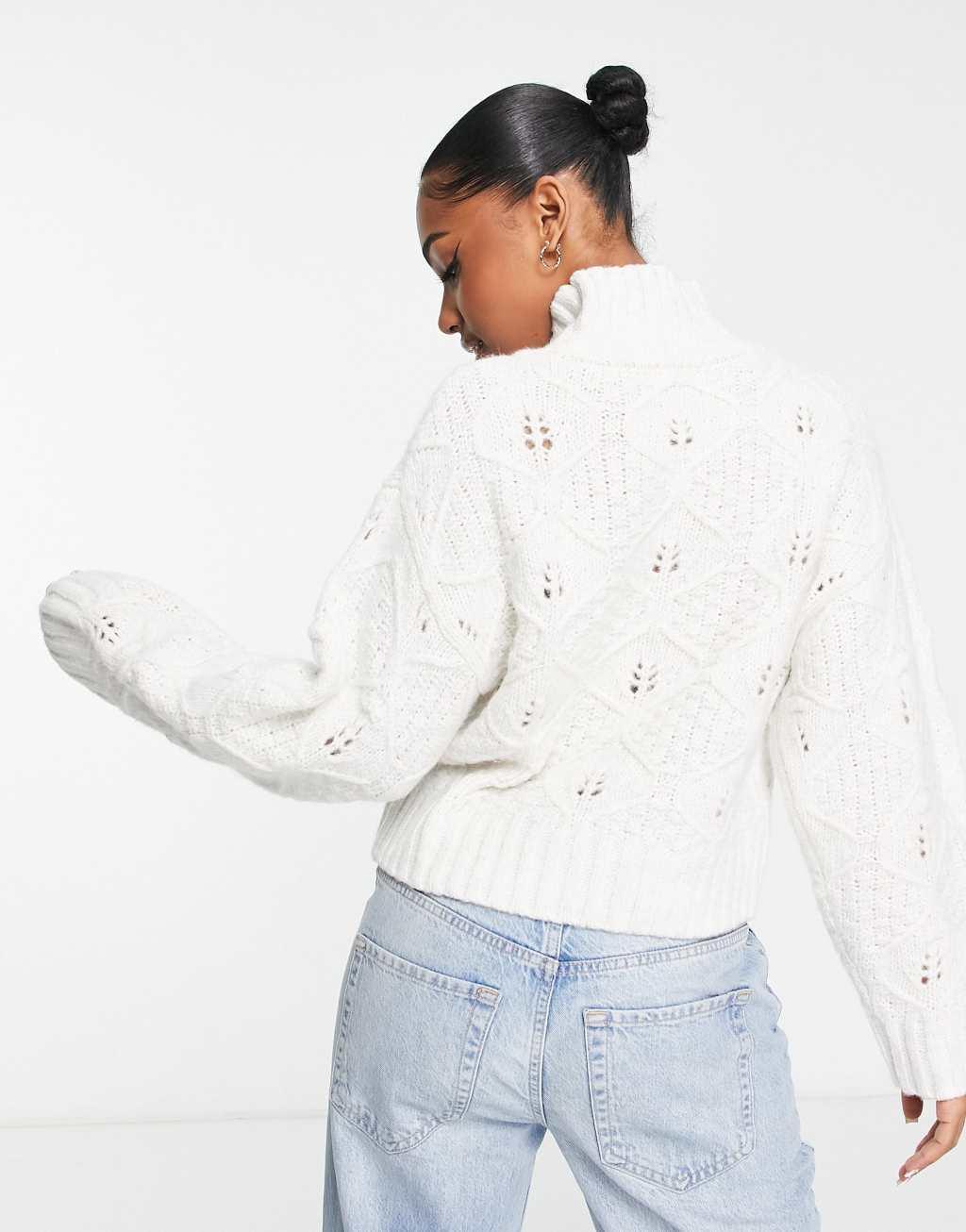 ASOS DESIGN cable knit sweater with high neck in cream Product Image