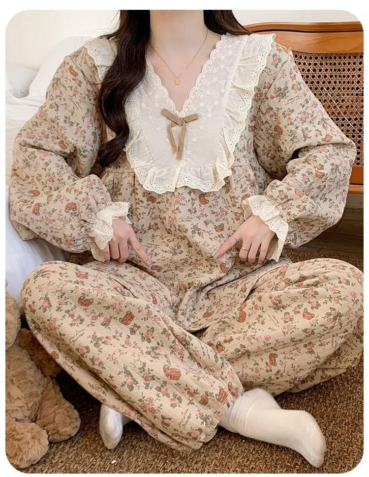 Pajama Set: Long-Sleeve V-Neck Floral Print Embroidered Eyelet Panel Bow Accent Top + Pants Product Image