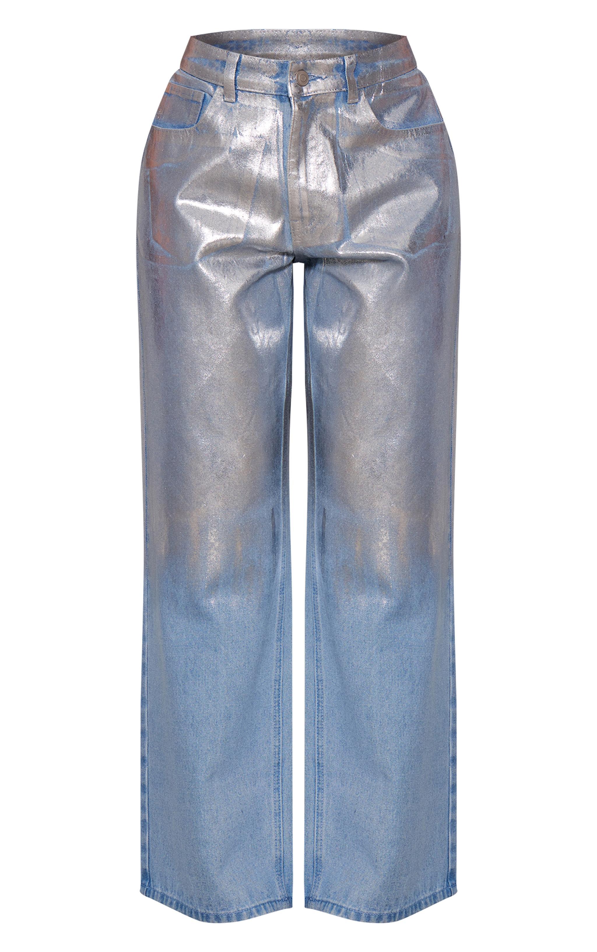 Silver Brushstroke Metallic Wide Leg Jeans Product Image