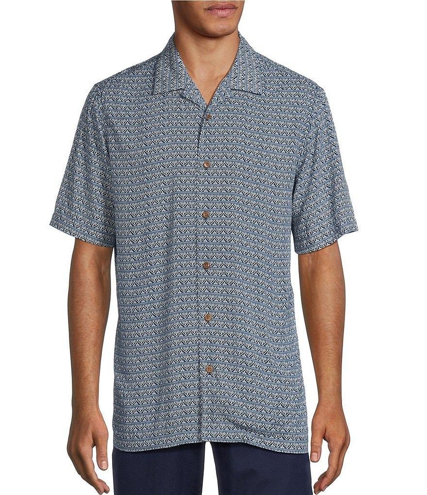 Caribbean Crushed Rayon Mini Geometric Print Short Sleeve Woven Camp Shirt Product Image