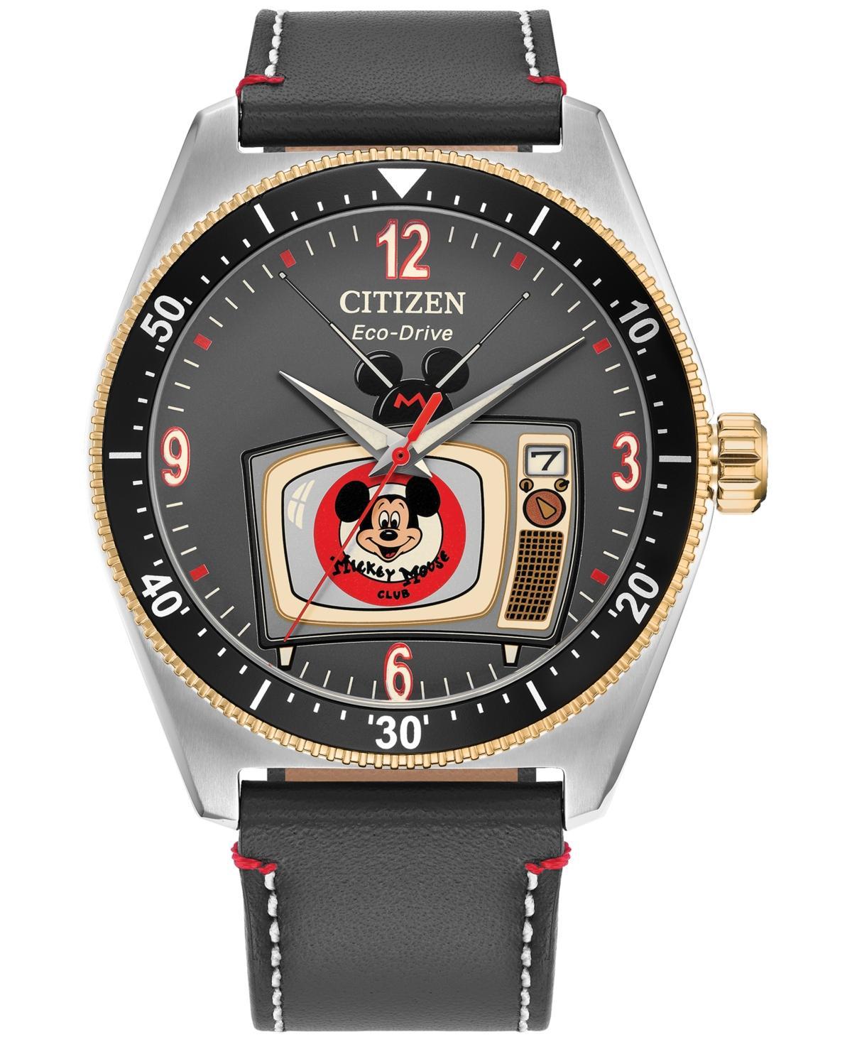 Disneys 100th Anniversary Mickey Mouse Mens Eco-Drive Grey Leather Strap Watch and Pin Box Set by Citizen - AW1794-47W Gray Product Image