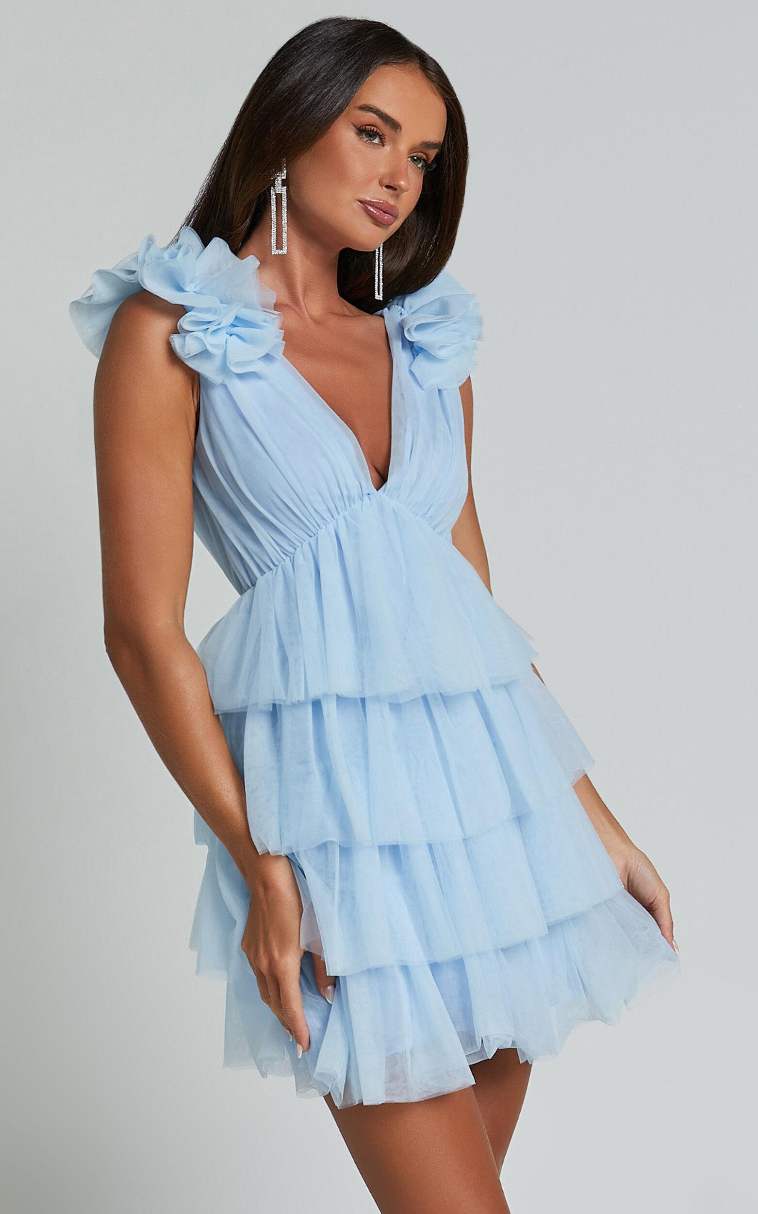 Hayden Mini Dress - Low Back Tulle Tiered Dress in Light Blue Product Image