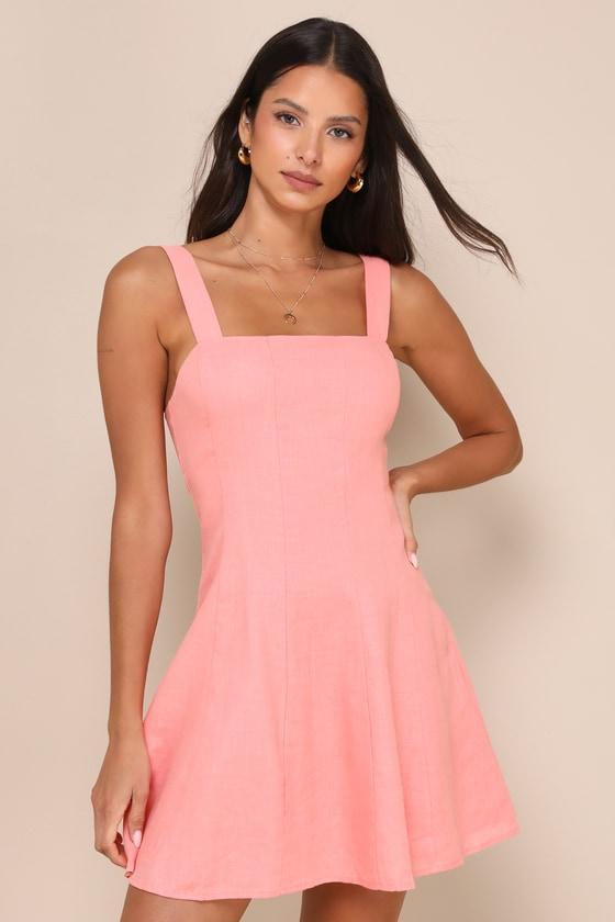 Undoubtedly Sweet Coral Pink Linen Sleeveless Mini Dress Product Image