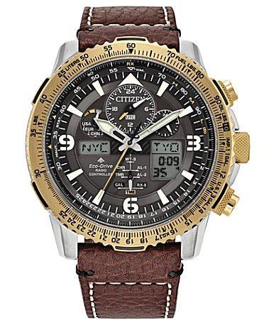 Citizen Eco-Drive Mens Chronograph Promaster Skyhawk Brown Leather Strap Watch 45mm Product Image