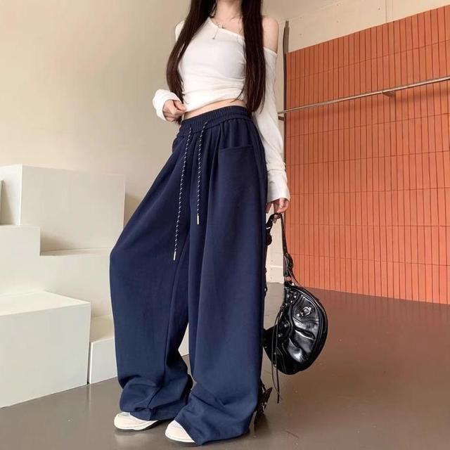 Drawstring Waist Plain Wide Leg Pants Product Image