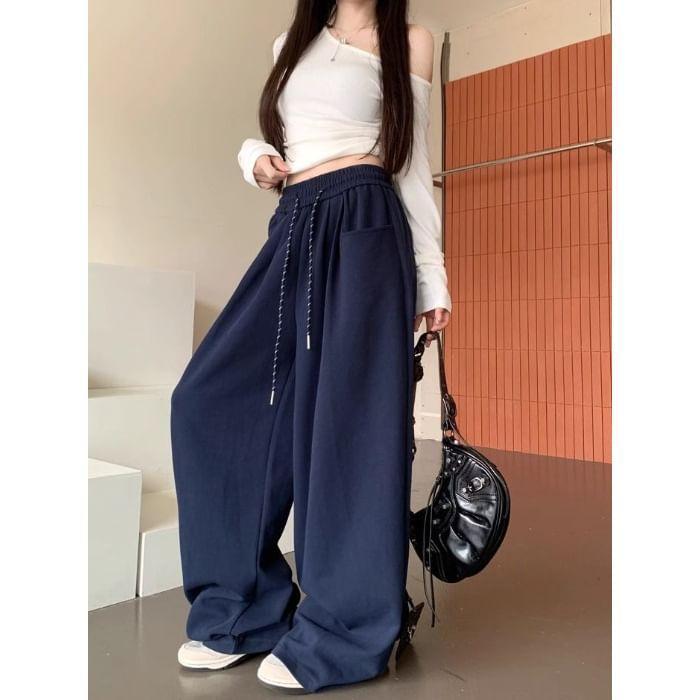 Drawstring Waist Plain Wide Leg Pants Product Image