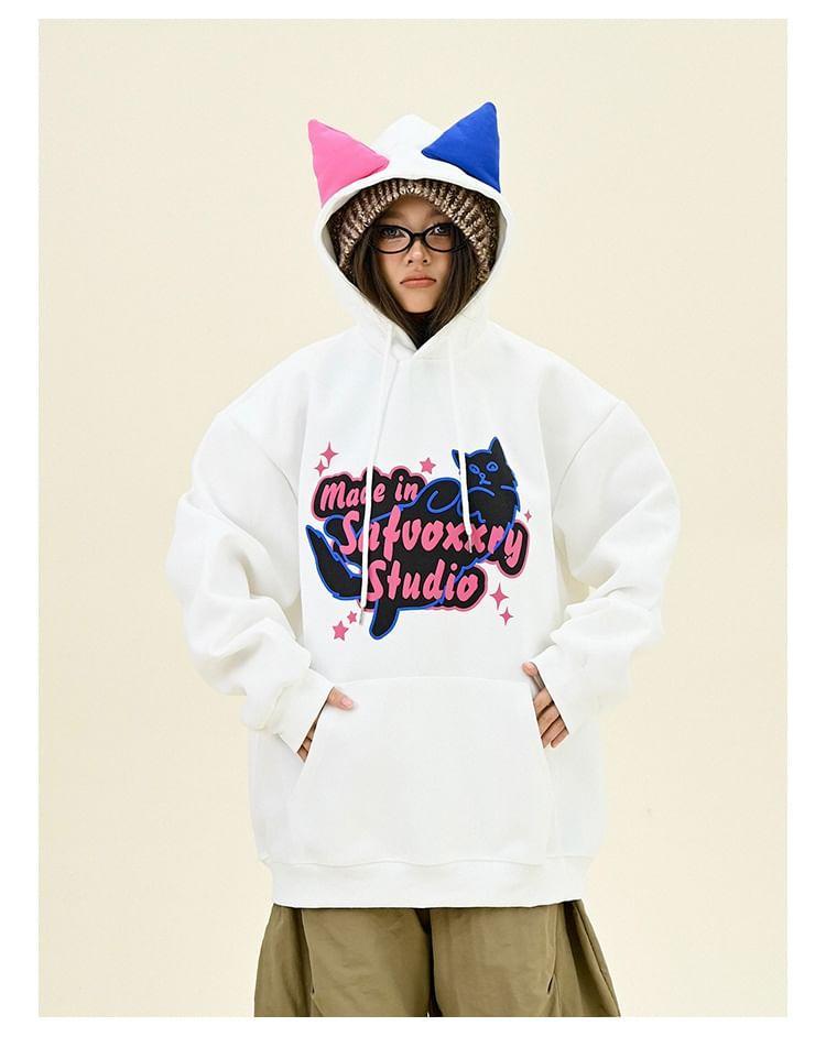 Drawstring Cat Ear Printed Oversized Hoodie Product Image