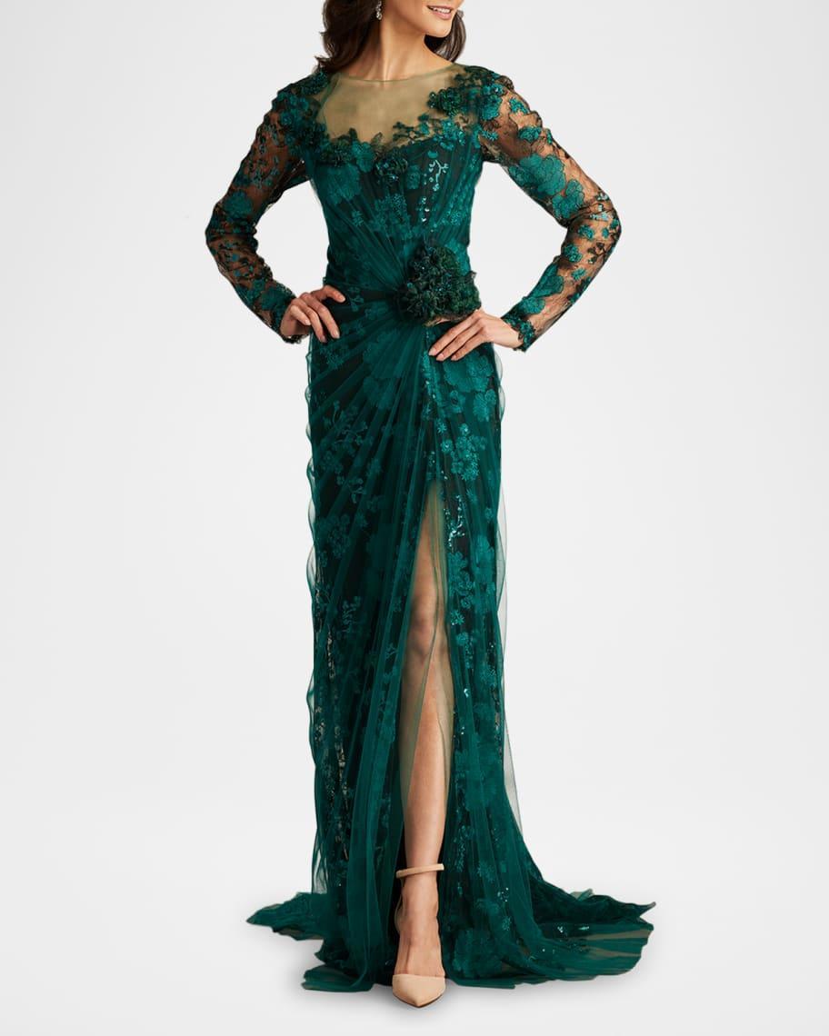 Floral-Embroidered Lace and Tulle Column Gown product image