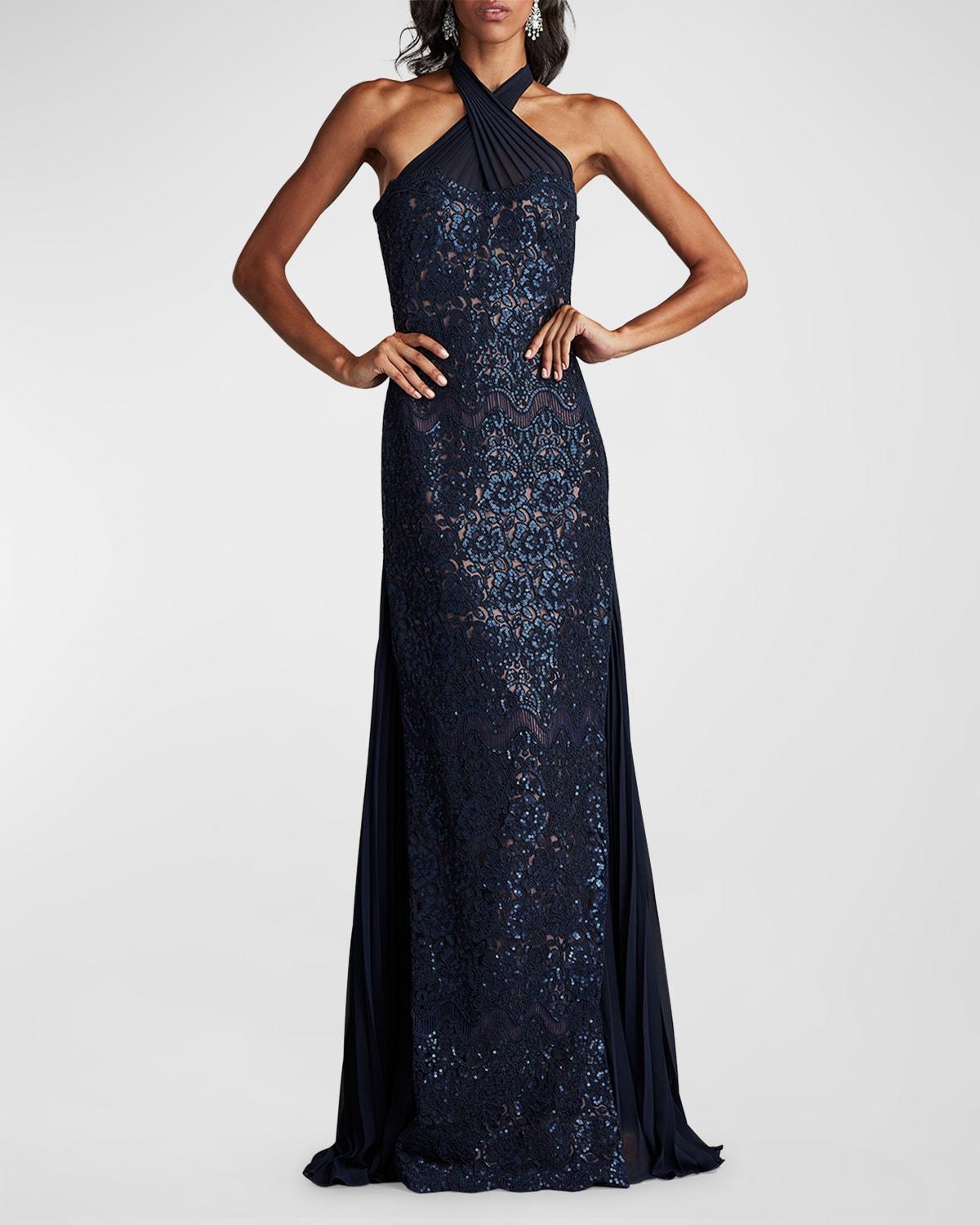 Sleeveless Sequin Floral Lace Halter Gown Product Image