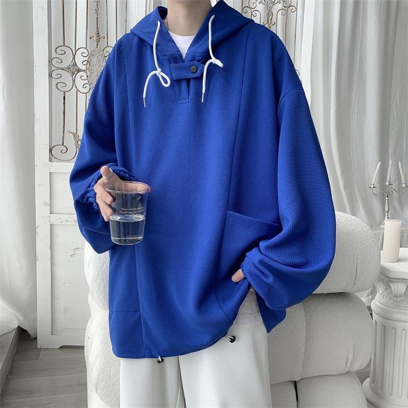 Puff-Sleeve Plain Pocket Detail Oversized Hoodie Product Image