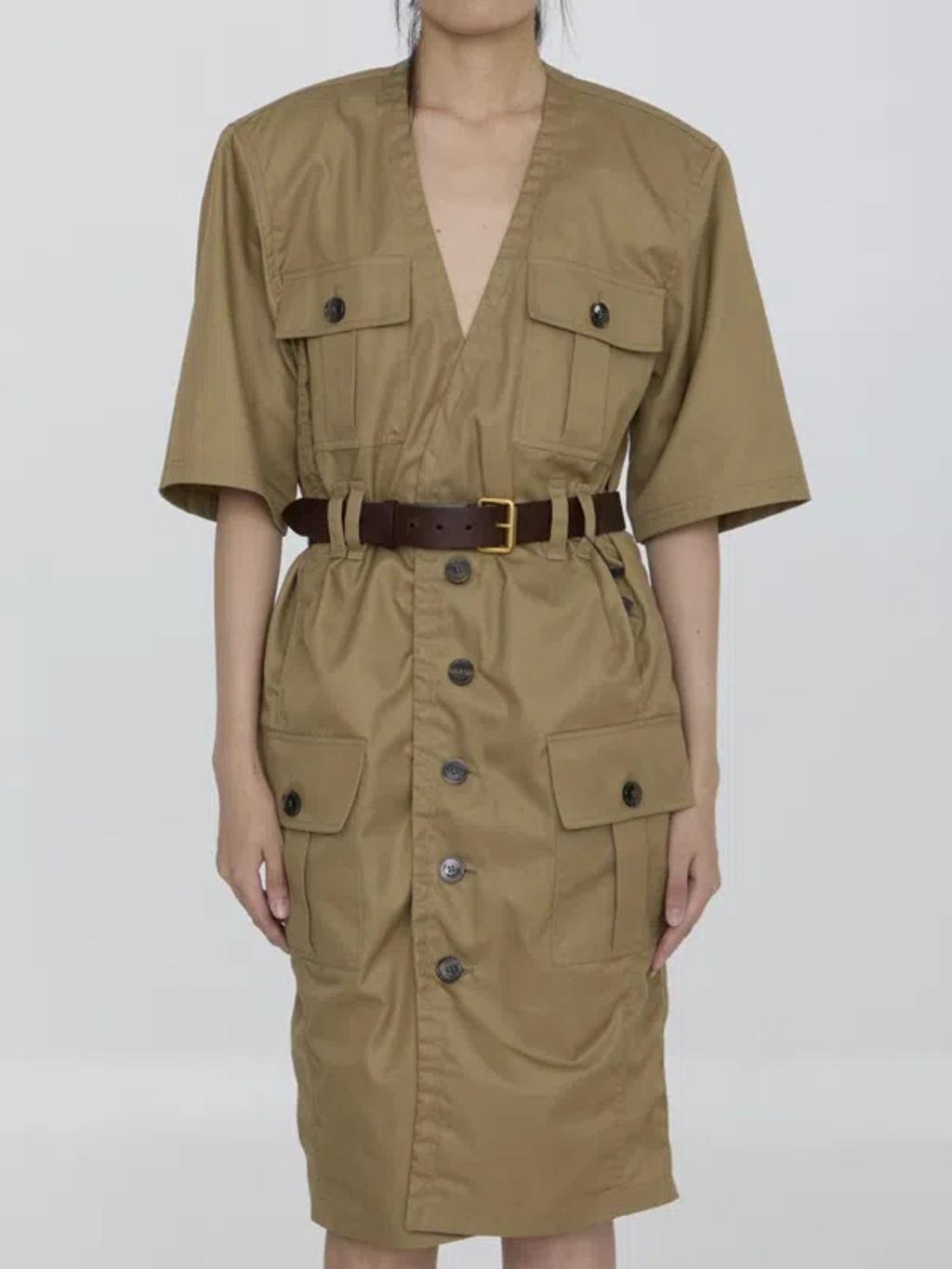 Belted Cotton Twill Dress In Brown Product Image