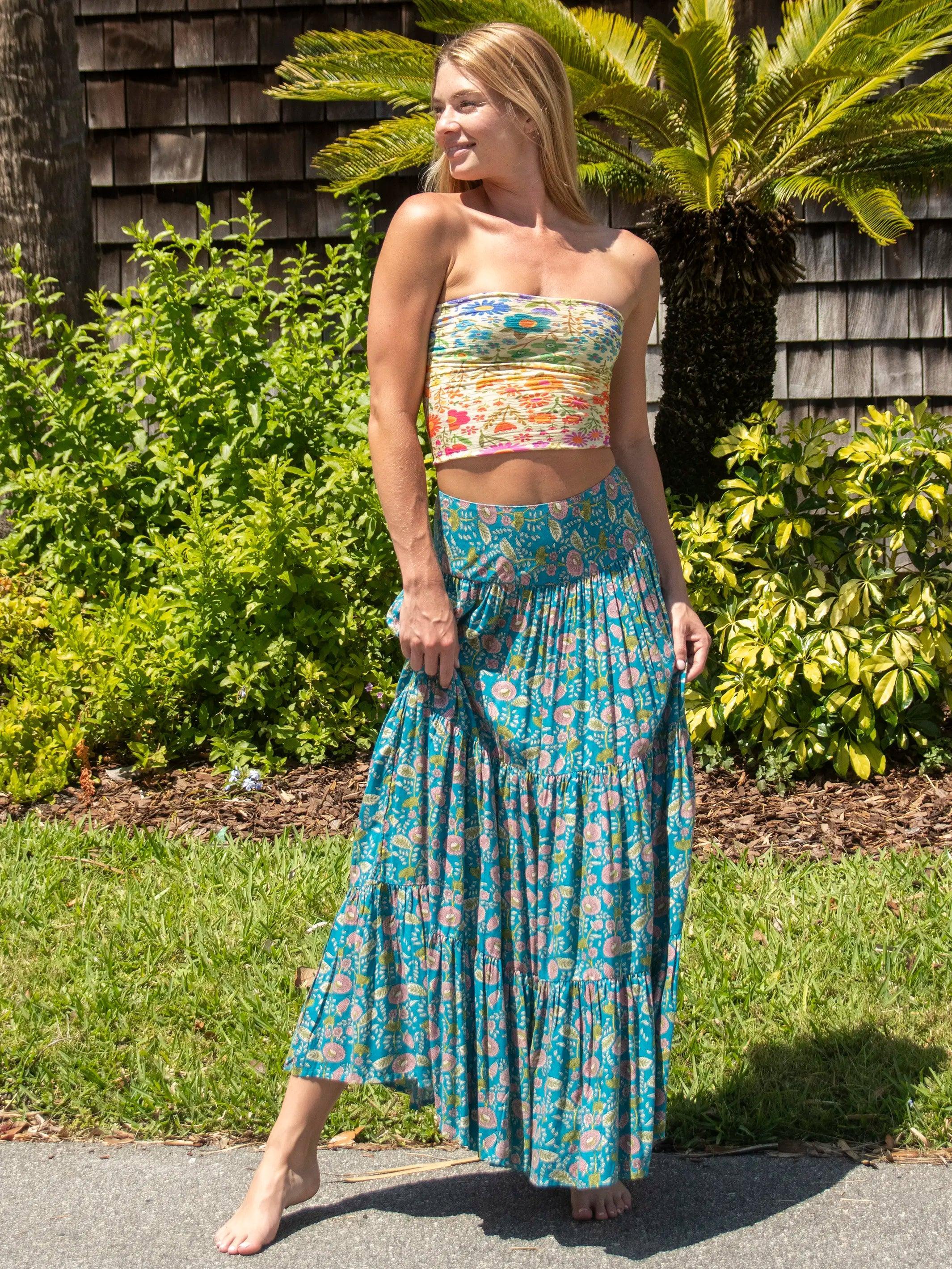 Hanna Convertible Maxi Skirt - Blue Pink Floral Vines Product Image