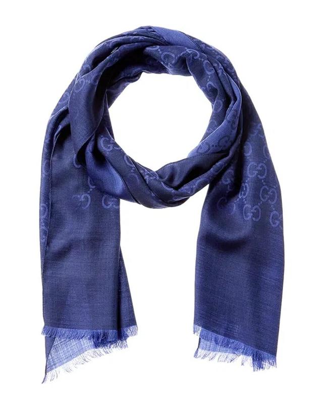 Logo Small Jacquard Wool & Silk-blend Scarf In Blue Product Image