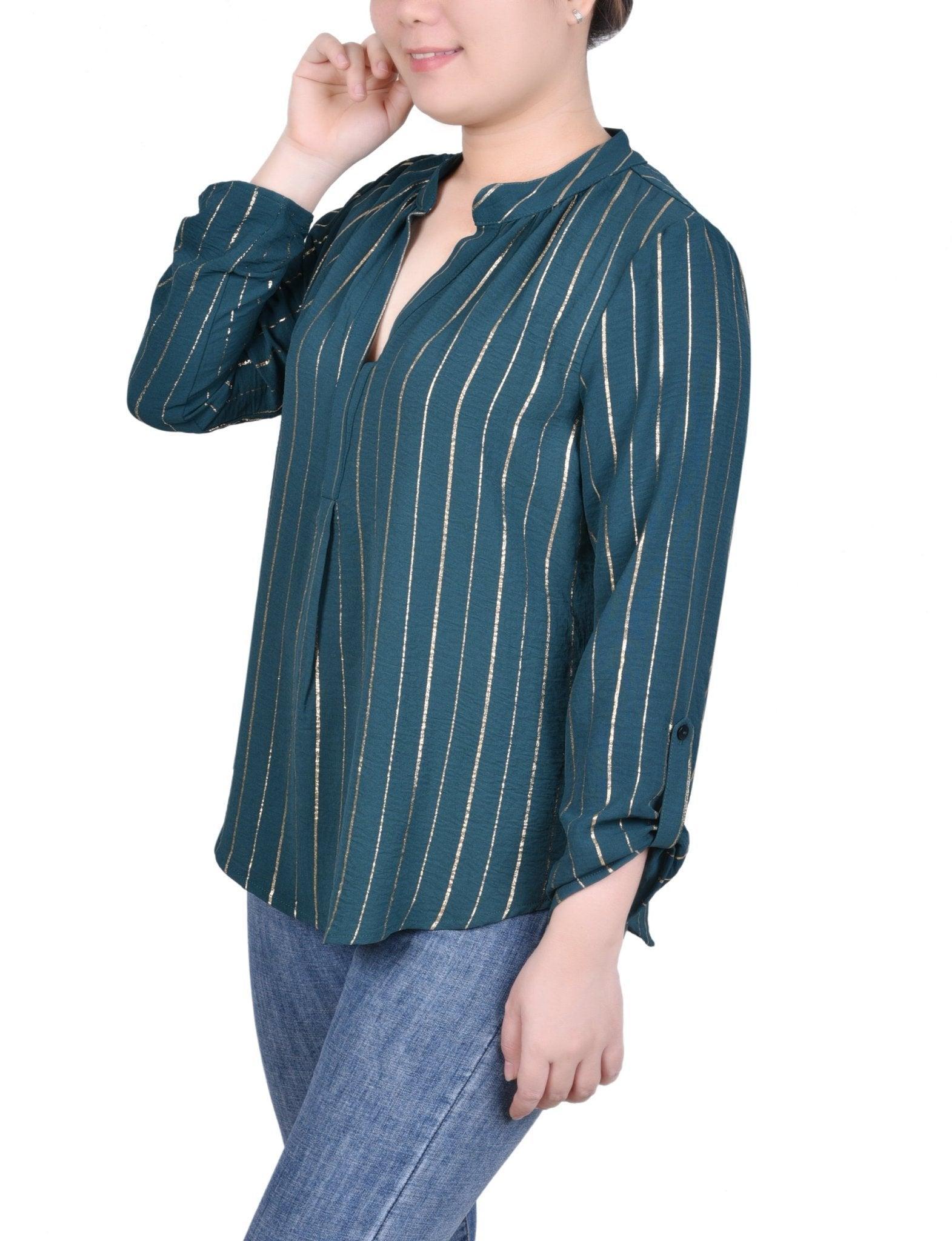 NY Collection Long Sleeve Foil Striped Blouse - Petite Product Image