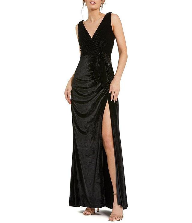 Mac Duggal Velvet Deep V-Neck Sleeveless High Slit Draped Sheath Dress Product Image